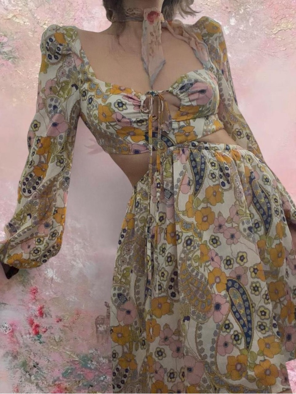 Wayf puff sleeve 70s print mini babydoll dress